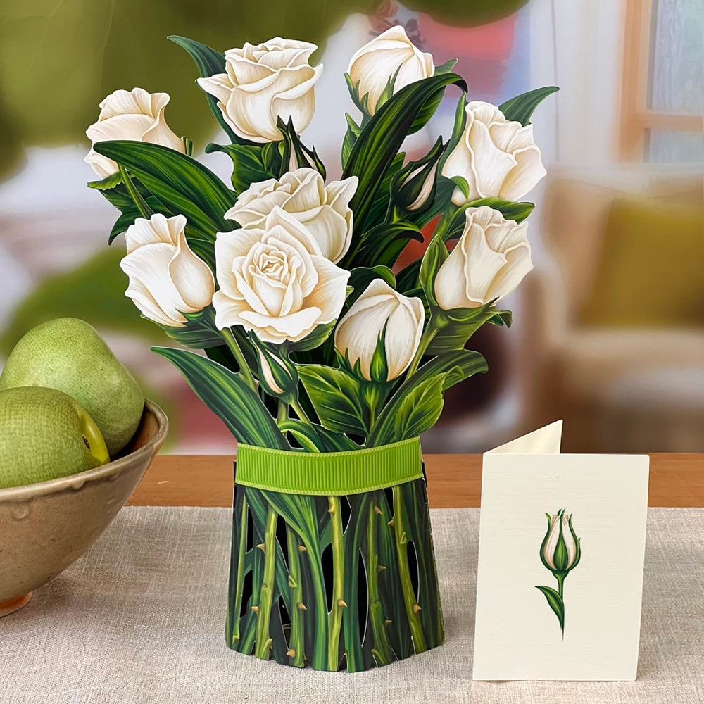 Elegant FreshCut Paper White Roses Pop-Up Greeting Card