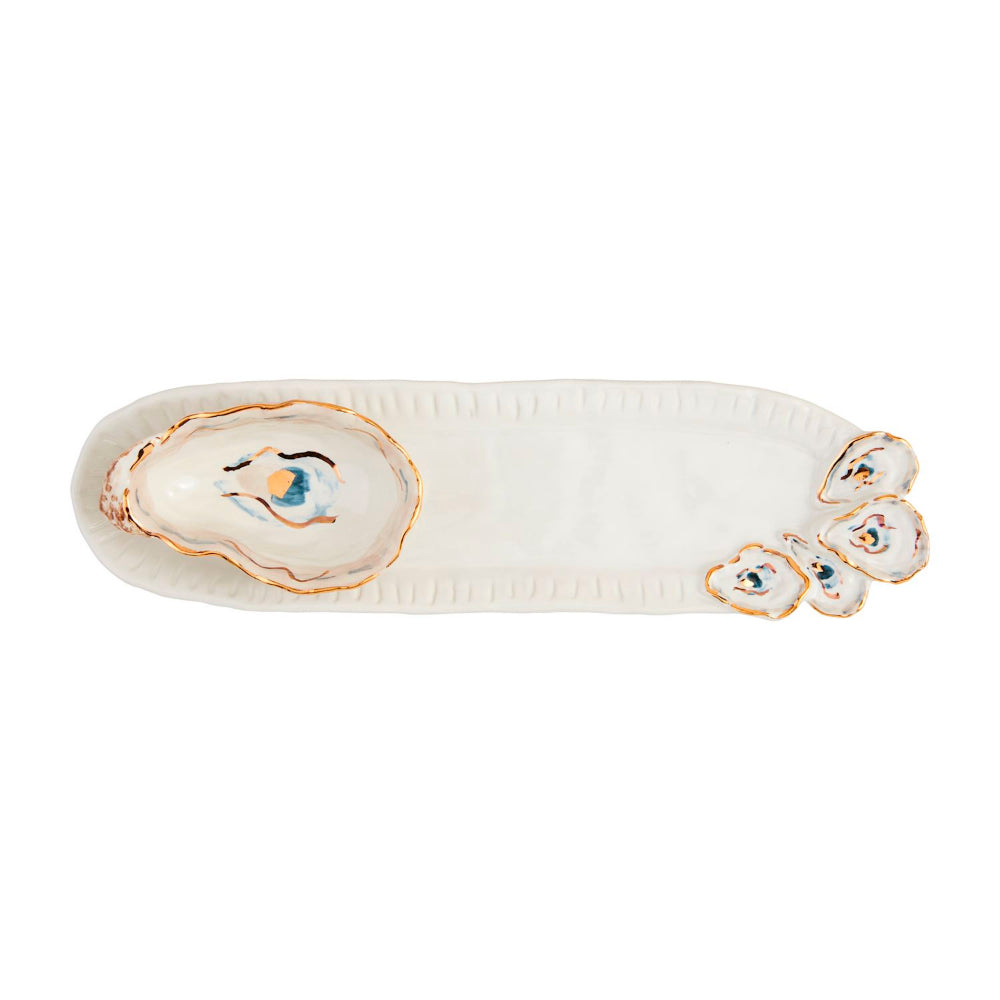 Mud Pie Elegant Stoneware Oyster Tray with Coordinating Dip Cup Set