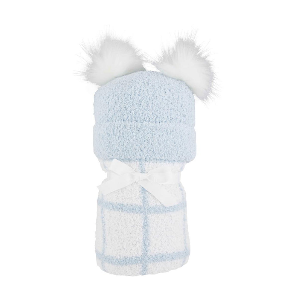 Blue Mud Pie Chenille Windowpane Patterned Blanket and Faux Fur Poof Hat Set for Babies