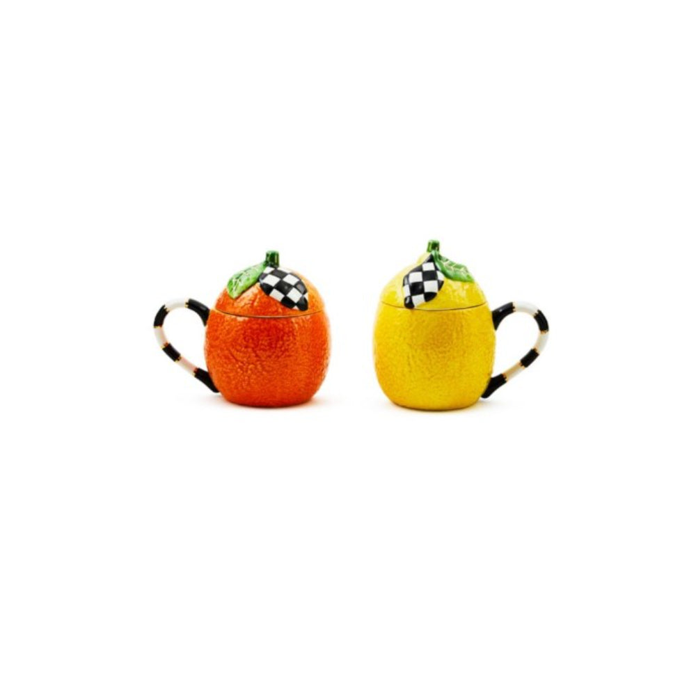 MacKenzie-Childs Set of Two Handmade Ceramic Tutti Frutti Lidded Mugs for Refreshing Drinks