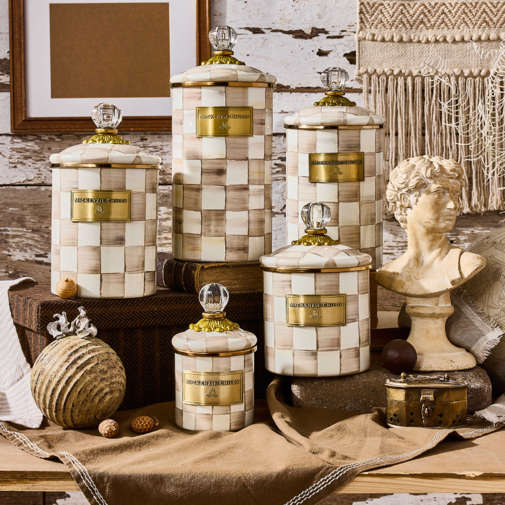 Mackenzie-Childs Handmade Mocha Check Canister in Large and Small Sizes