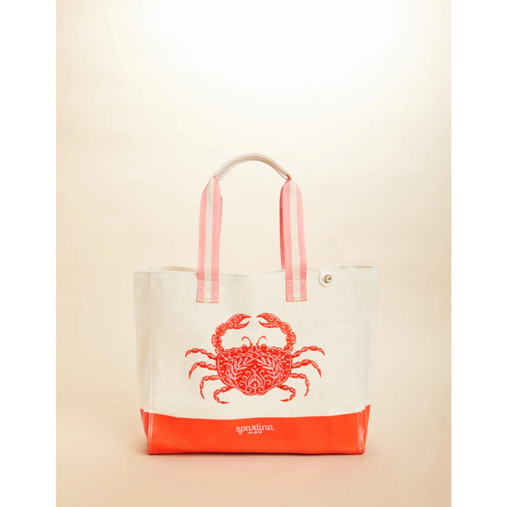 Stylish Red Crab Embroidered Thick Cotton Beach Tote Bag
