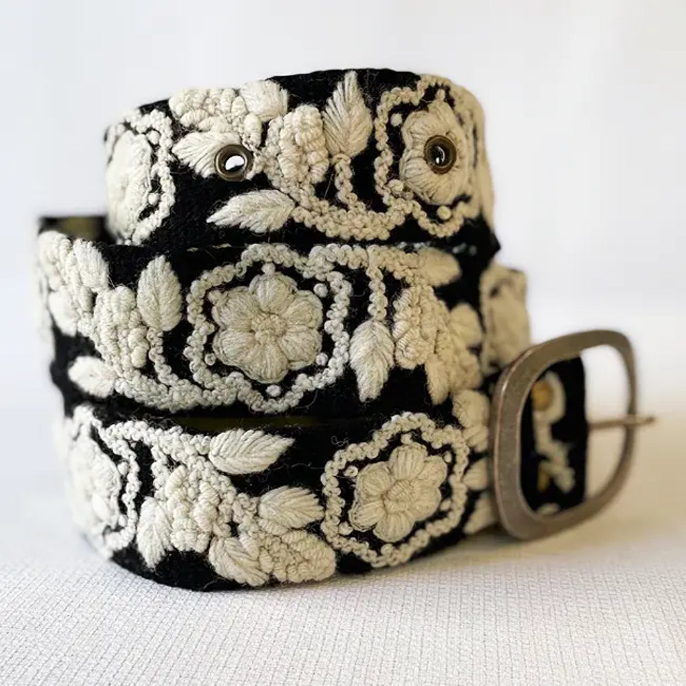 Jenny Krauss Two-Tone Embroidered Wool Fashion Belt in Black and Cream Shades