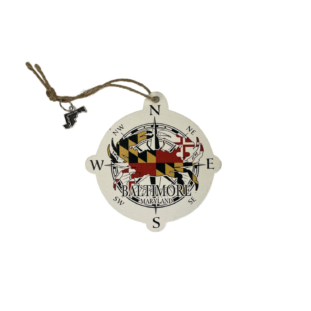 Custom Laser - Cut and Printed Map Mom Wood Ornament with Maryland Crab Compass Design for Decor or Christmas Tree