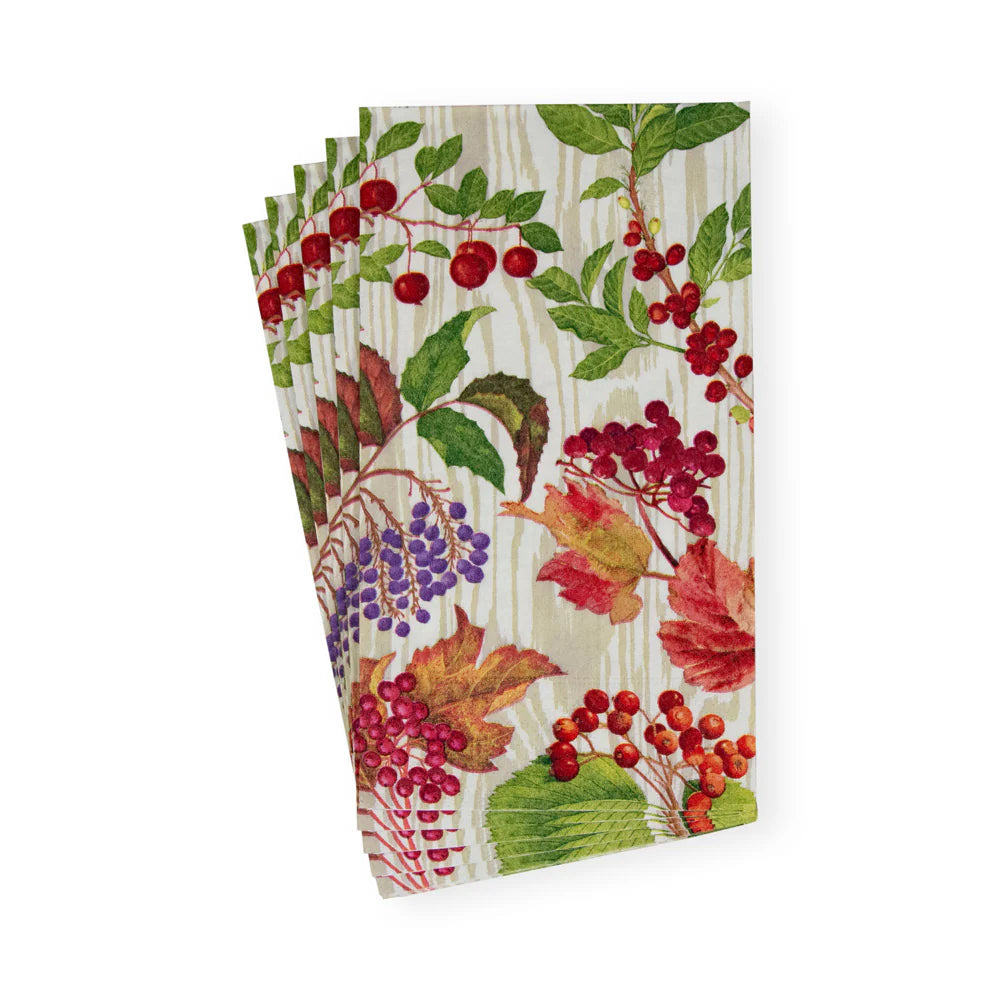 Caspari Berry Botanical Taupe Guest Use Towel Napkins - Pack Containing 15 Pieces