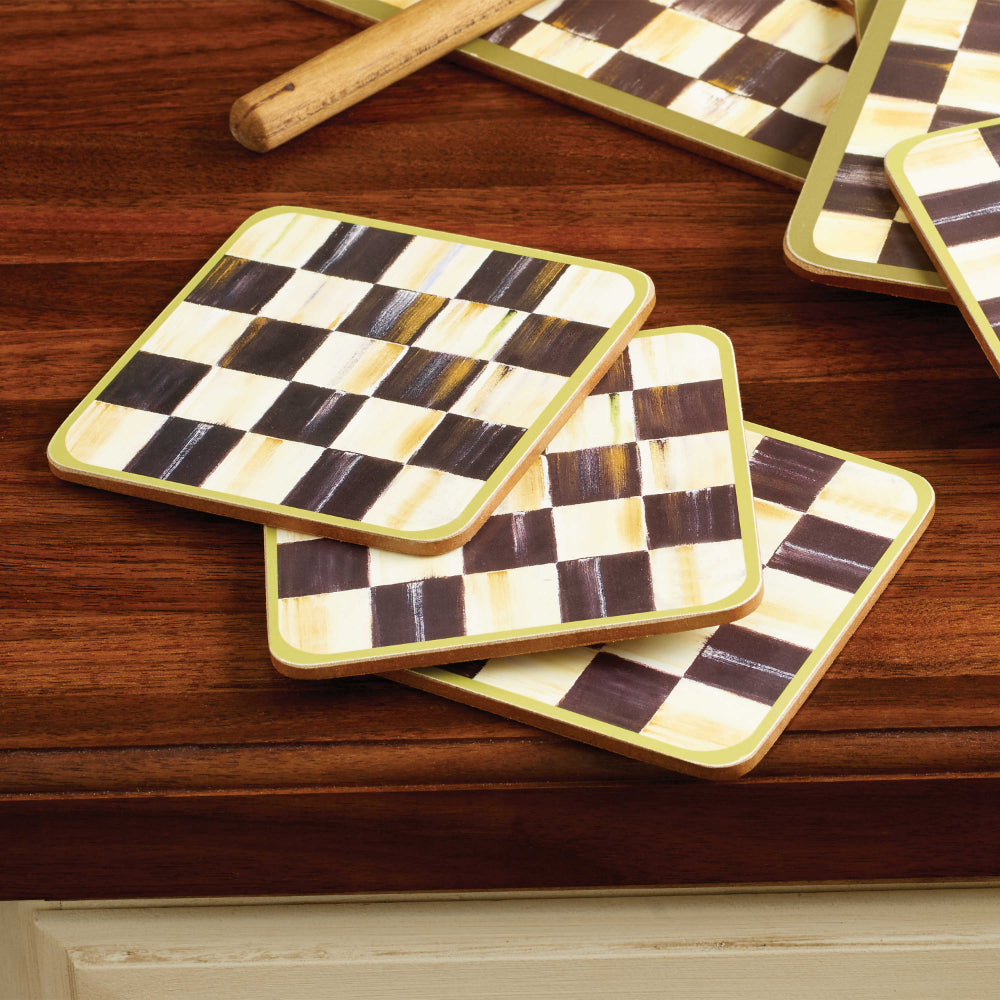 MacKenzie-Childs Set of 4 Courtly Check Coasters with Cork Backing for Table Decoration