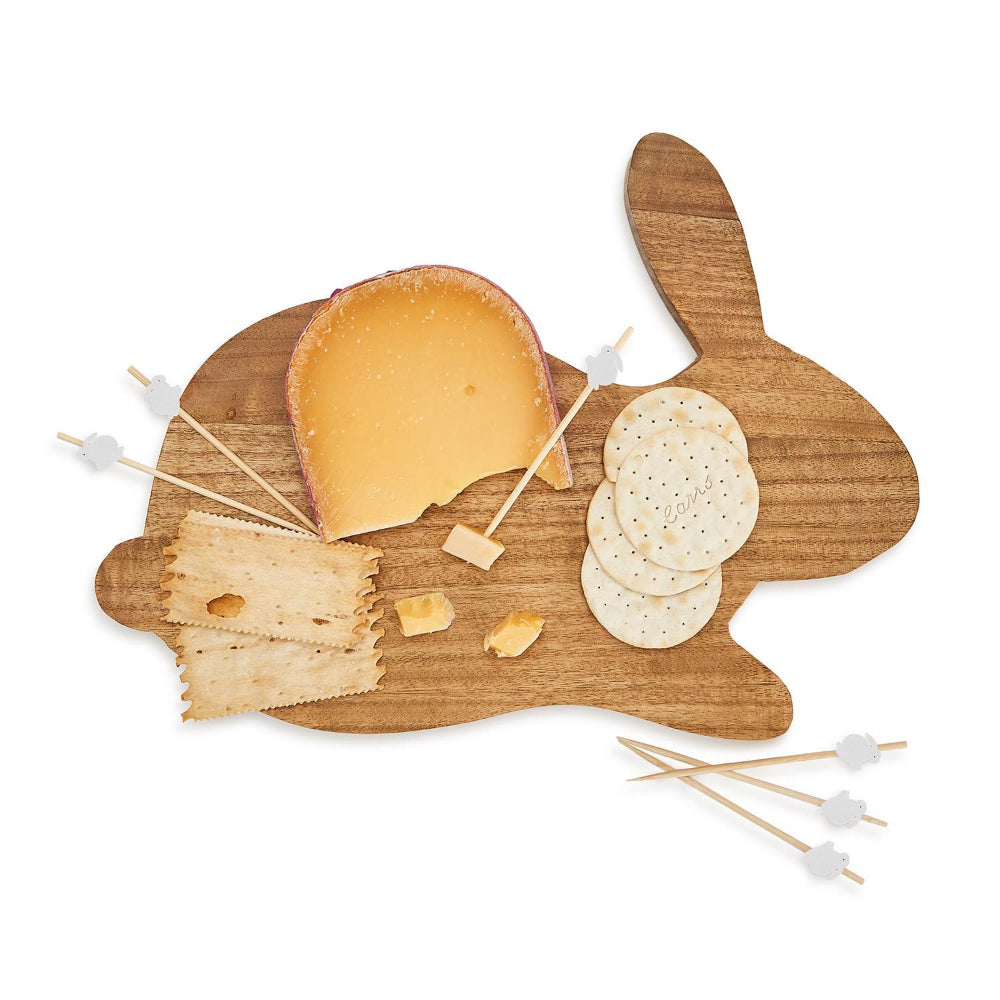 Two's Company Acacia Wood Bunny Serving Board with 20 Bunny-shaped Picks