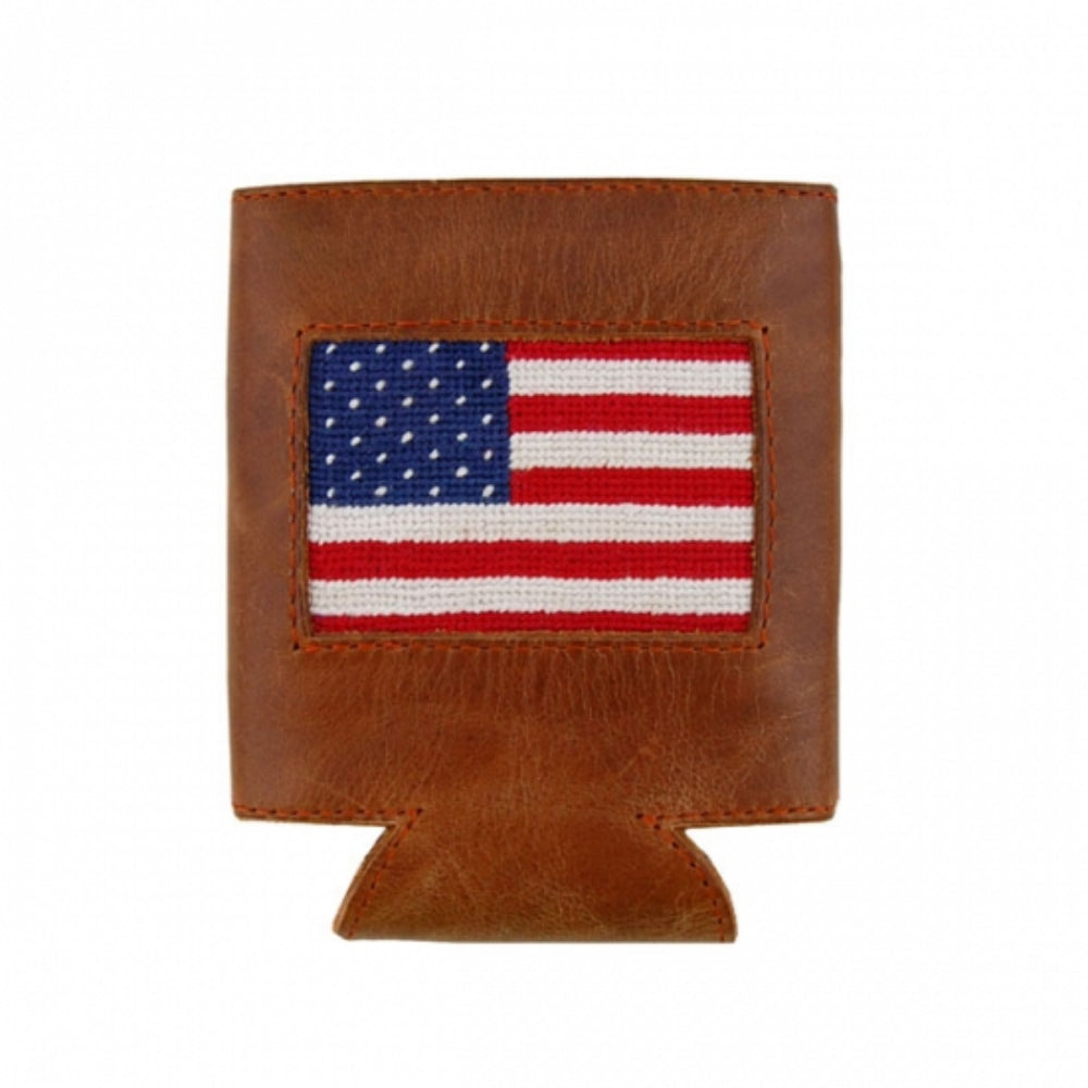 Smathers & Branson American Flag Hand - stitched Needlepoint Can Cooler with Italian Leather