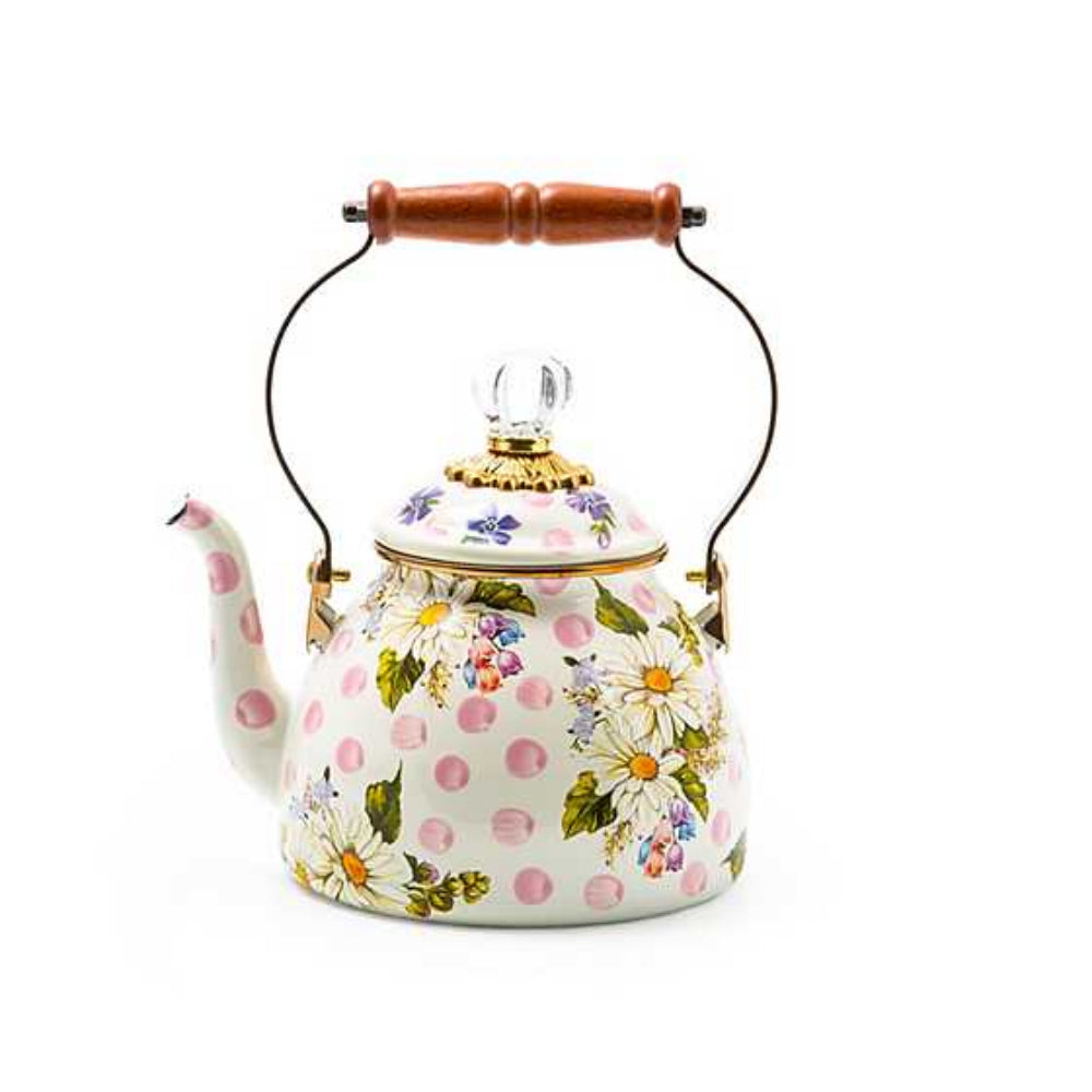 MacKenzie-Childs Pink Wildflowers Enamel 2 Quart Tea Kettle with Exquisite Design