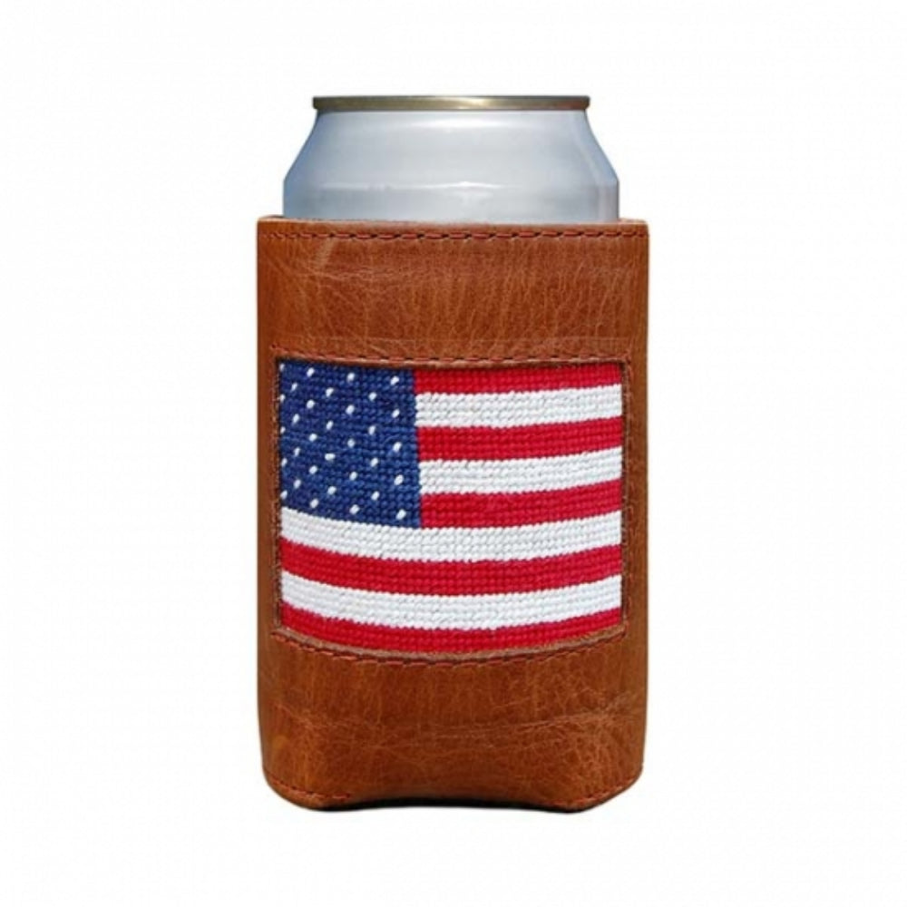 Smathers & Branson American Flag Hand - stitched Needlepoint Can Cooler with Italian Leather