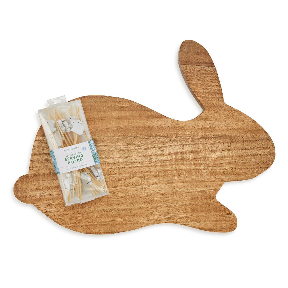 Two's Company Acacia Wood Bunny Serving Board with 20 Bunny-shaped Picks