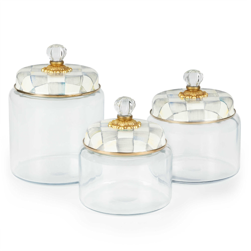 MacKenzie-Childs Hand-Painted Sterling Check Glass Kitchen Canister Set