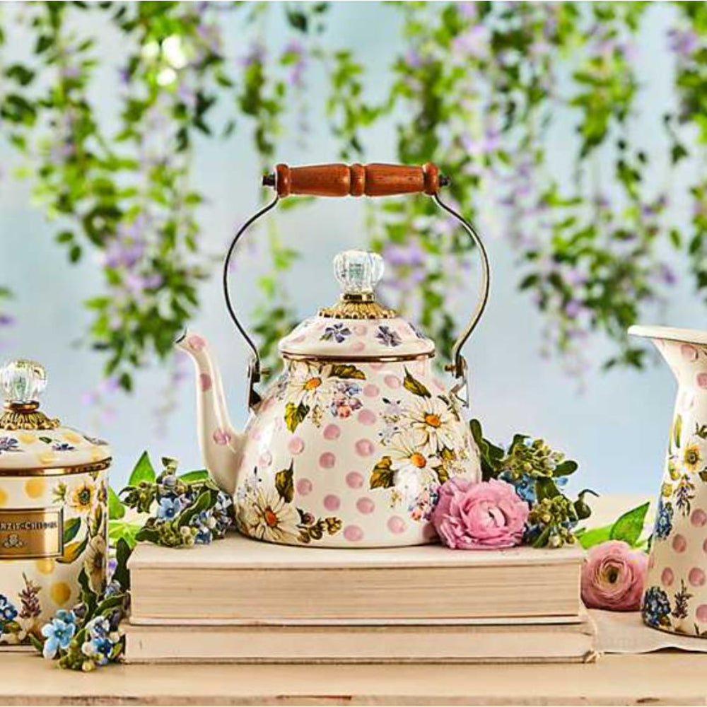 MacKenzie-Childs Pink Wildflowers Enamel 2 Quart Tea Kettle with Exquisite Design