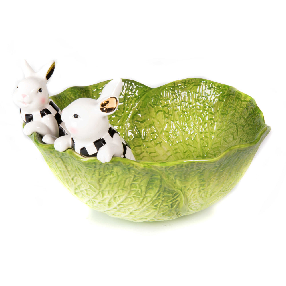 Hand - painted MacKenzie - Childs Cabbage - shaped Bunny - embellished Ceramic Bowl for Spring
