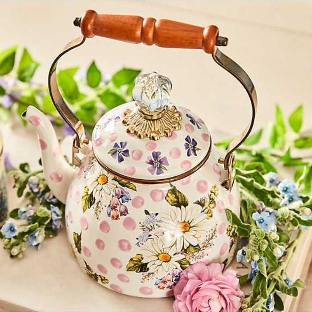 MacKenzie-Childs Pink Wildflowers Enamel 2 Quart Tea Kettle with Exquisite Design